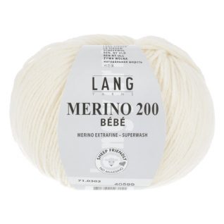 Merino 200 bebe er et strikkegarn fra Langyarns. Garnet inneholder 100% merinoull (extrafine mulesing free). 50 g ca 203 meter. Strikkefasthet 28 masker x 32 omganger på pinne 3 = 10 x 10 cm. Garnet passer like godt til både barn og voksne. Her i fargen 302.