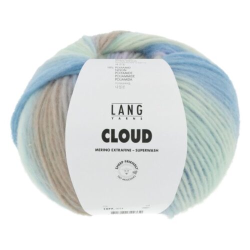 Lang Yarns Cloud chunky merino inneholder 90% Virgin wool (Merino extrafine – mulesing free) 10% Nylon Superwash. Garn lengde 260m / 100g. Strikkefasthet: 13 masker og 20 omganger på pinne 7 = 10 cm. Her i fargen 14.