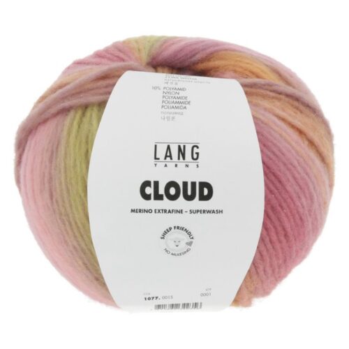 Lang Yarns Cloud chunky merino inneholder 90% Virgin wool (Merino extrafine – mulesing free) 10% Nylon Superwash. Garn lengde 260m / 100g. Strikkefasthet: 13 masker og 20 omganger på pinne 7 = 10 cm. Her i fargen 15.