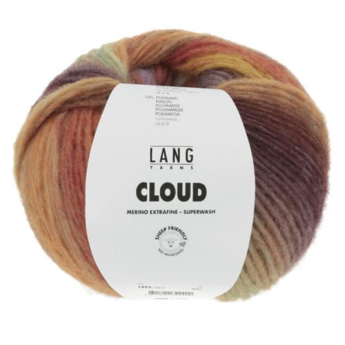 Lang Yarns Cloud chunky merino inneholder 90% Virgin wool (Merino extrafine – mulesing free) 10% Nylon Superwash. Garn lengde 260m / 100g. Strikkefasthet: 13 masker og 20 omganger på pinne 7 = 10 cm. Her i fargen 17.