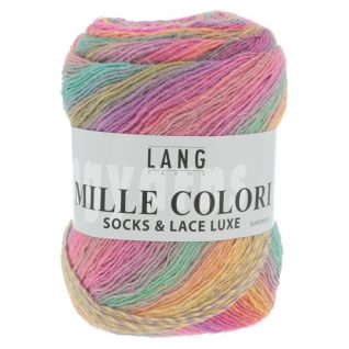 Mille colori socks and lace luxe. Garnet består av 73% ull, 25% nylon og 2% polyester. 100 g er 400 meter. Strikkefasthet 28 masker på pinne 3 er 10 cm. Her i fargen 53