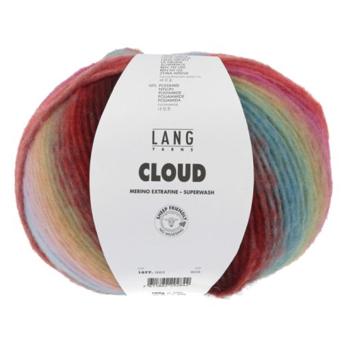 Lang Yarns Cloud chunky merino inneholder 90% Virgin wool (Merino extrafine – mulesing free) 10% Nylon Superwash. Garn lengde 260m / 100g. Strikkefasthet: 13 masker og 20 omganger på pinne 7 = 10 cm. Her i fargen 05