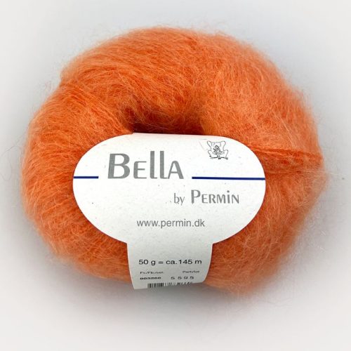 Bella fra Permin. Et lekkert mohairgarn som består av 75 % kid mohair, 20 % ull og 5% polyamid. Strikkefasthet: 14 m x 22 p på pinne 6. Leveres i 50 grams nøster som utgjør 145 meter. Her i fargen 266 Lys orange