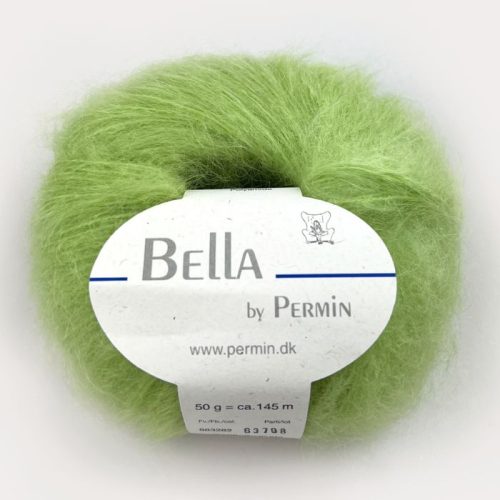 Bella fra Permin. Et lekkert mohairgarn som består av 75 % kid mohair, 20 % ull og 5% polyamid. Strikkefasthet: 14 m x 22 p på pinne 6. Leveres i 50 grams nøster som utgjør 145 meter. Her i fargen 282 Lysegrønn.