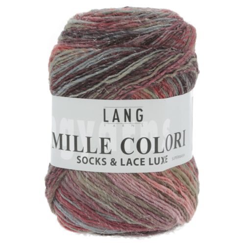 Mille colori socks and lace luxe. Garnet består av 73% ull, 25% nylon og 2% polyester. 100 g er 400 meter. Strikkefasthet 28 masker på pinne 3 er 10 cm. Her i fargen 63