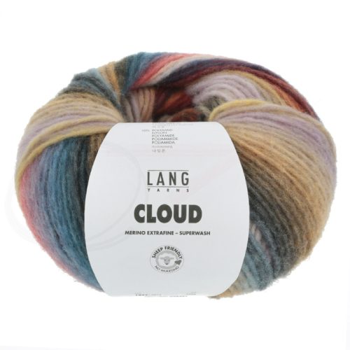 Lang Yarns Cloud chunky merino inneholder 90% Virgin wool (Merino extrafine – mulesing free) 10% Nylon Superwash. Garn lengde 260m / 100g. Strikkefasthet: 13 masker og 20 omganger på pinne 7 = 10 cm. Her i fargen 13.