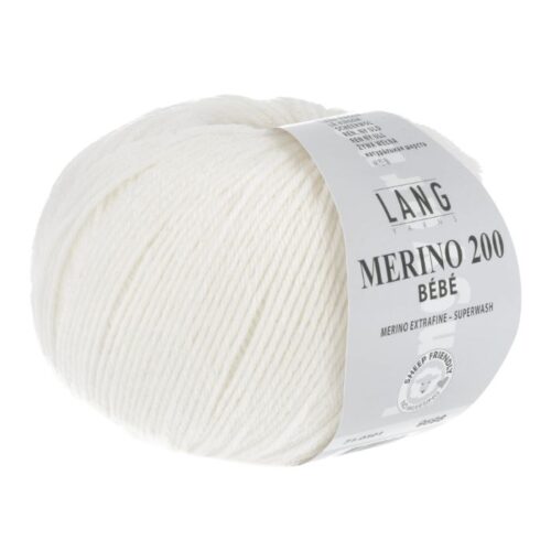 Merino 200 bebe er et strikkegarn fra Langyarns. Garnet inneholder 100% merinoull (extrafine mulesing free). 50 g ca 203 meter. Strikkefasthet 28 masker x 32 omganger på pinne 3 = 10 x 10 cm. Garnet passer like godt til både barn og voksne. Her i fargen 301.