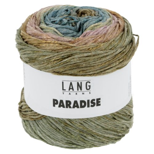 Langyarns Paradise garn inneholder 78% bomull og 22% viskose. Strikkefastheten er23 masker og 30 rader er 10 x 10 cm. Nøstet veier 100 gram og har ca 310 meter. Her i fargen 39.