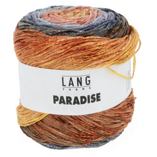 Langyarns Paradise garn inneholder 78% bomull og 22% viskose. Strikkefastheten er23 masker og 30 rader er 10 x 10 cm. Nøstet veier 100 gram og har ca 310 meter. Her i fargen 59.
