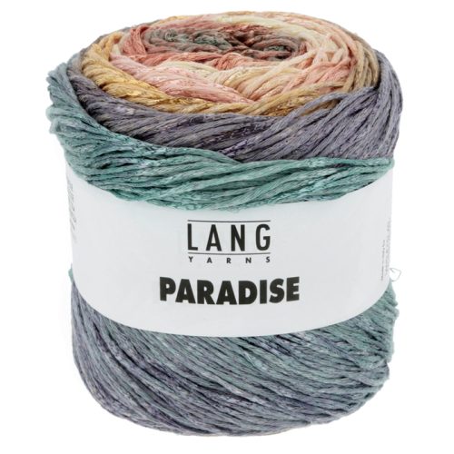 Langyarns Paradise garn inneholder 78% bomull og 22% viskose. Strikkefastheten er23 masker og 30 rader er 10 x 10 cm. Nøstet veier 100 gram og har ca 310 meter. Her i fargen 09