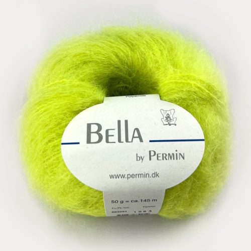 Bella fra Permin. Et lekkert mohairgarn som består av 75 % kid mohair, 20 % ull og 5% polyamid. Strikkefasthet: 14 m x 22 p på pinne 6. Leveres i 50 grams nøster som utgjør 145 meter. Her i fargen 291 acid lime.