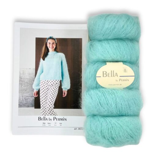 Strikkepakken Enkel raglangenser med løs passform fra Bella by Permin. Her i fargen 253 mint.