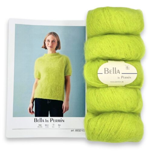 Strikkepakken T-shirt med saddelskulder med hullmønster fra Bella by Permin. Her i fargen 883291 acid lime.