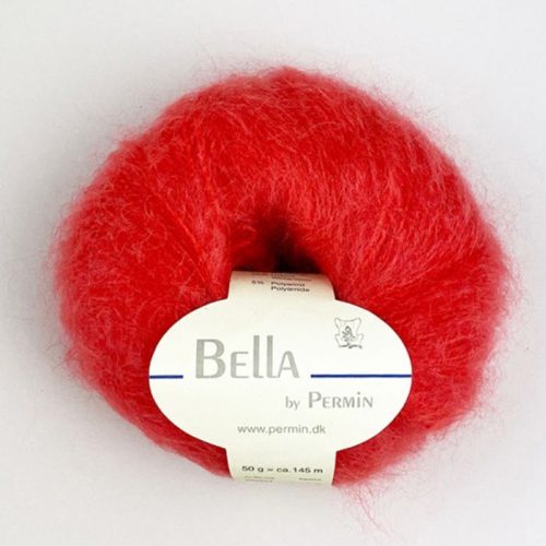 Bella fra Permin. En lekker blanding av mohair og ull. Strikkefasthet: 14 m x 22 p på pinne 6. Leveres i 50 grams nøster som utgjør 145 meter. Her i fargen 294 cinnober.