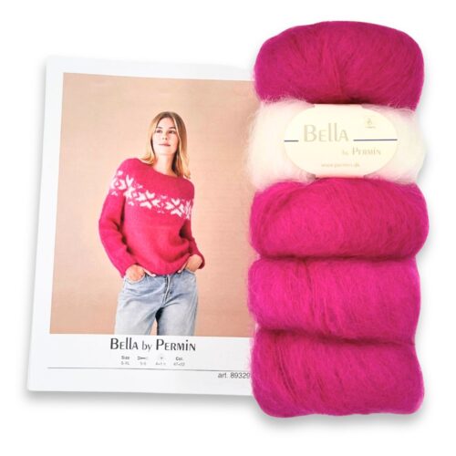 Strikkepakken Genser med isblomster fra Bella fra Permin inneholder oppskrift og mohairgarnet Bella mohair kidsilk