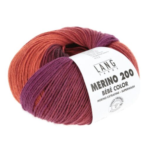 Merino Bebe 200 Color fra LangYarns. Inneholder: 100% merinoull (extrafine mulesing free. Vekt og lengde: 50 g ca 203 meter. Anbefalt pinne: 2,5 - 3,5 mm. Strikkefasthet: 28 masker x 32 omganger = 10 x 10 cm. Her i fargen 0551.