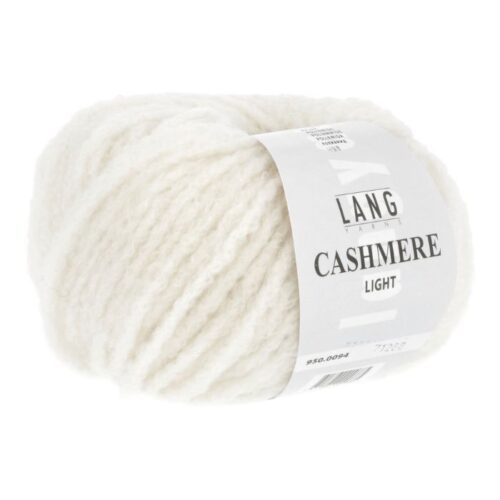 Cashmere Light fra Langyarns. Inneholder 88% Kashmir og 12% Polyamid. Strikkefasthet 20 masker x 31 omganger = 10 x 10 cm. Anbefalt pinne 5,5 og 6 mm. Her i fargen 0094.