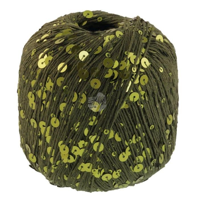 Lana Grossa Cosmo farge 22 mørk oliven – effektgarn i bomull med paljetter