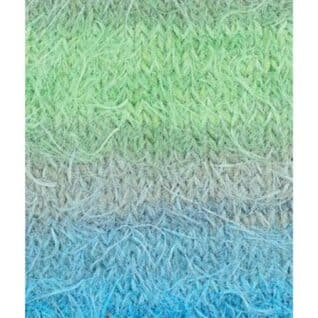 Fargeprøve av Lana Grossa Basta Mista, farge 115-Grønngraa/Gråblå/Lys petro/Lys grønn. Strikket prøve.