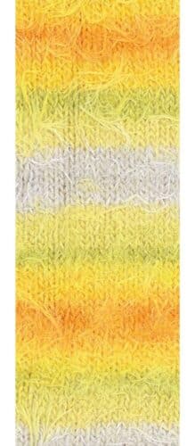 Fargeprøve av Lana Grossa Basta Mista, farge 114-greige-vanilje-gul-gulgronn-solsikke-oransje. Strikket prøve.