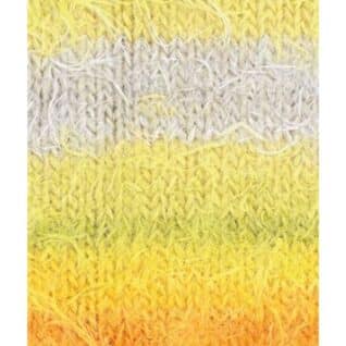Fargeprøve av Lana Grossa Basta Mista, farge 114-greige-vanilje-gul-gulgronn-solsikke-oransje. Strikket prøve.